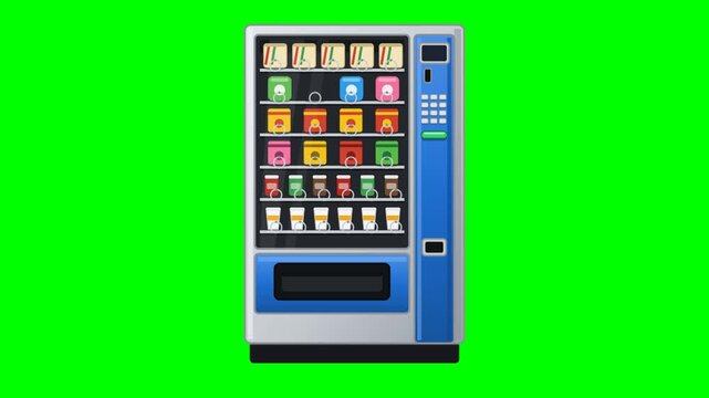 Flat vector vending machine like the reference on solid chroma green background, NO ground shadow: silver body with dark interior display window holding six shelves of colorful snacks bags cans and cu