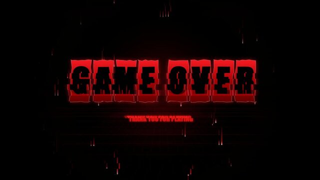 Red game over text with glitch effect and thank you for playing message on a dark background for video game ending screen design 4k Motion Video