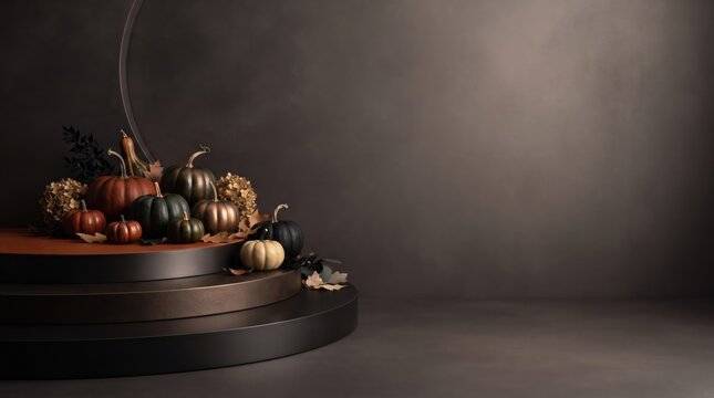 Thanksgiving (Canada) abstract new background 2026 Autumn pumpkins and gourds display on rustic metal tray with warm lighting illustration