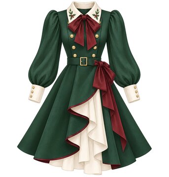 Elegant Forest Green Christmas Dress with Burgundy Bow, Watercolor Illustration