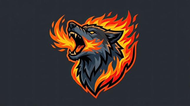 Wolf head breathing fire mascot logo design.