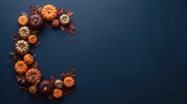 Thanksgiving (Canada) abstract new background 2026 Autumn pumpkins and leaves decorative arrangement on dark background illustration