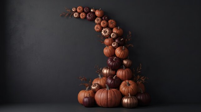Thanksgiving (Canada) abstract new background 2026 Creative arrangement of colorful pumpkins forming a letter l shape on dark background illustration