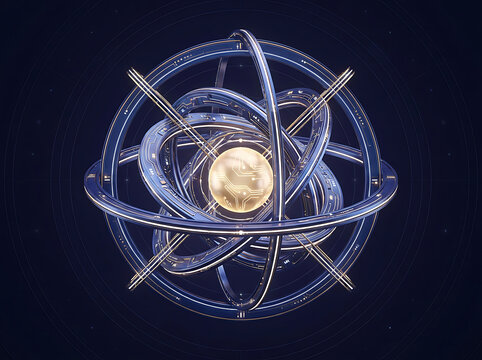 Futuristic atom sphere with glowing rings on dark tech background