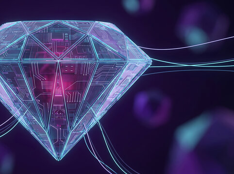 Futuristic 3D Digital Diamond with Blockchain Technology