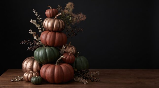 Thanksgiving (Canada) abstract new background 2026 Autumn pumpkins and gourds arranged with dried flowers on a dark background illustration