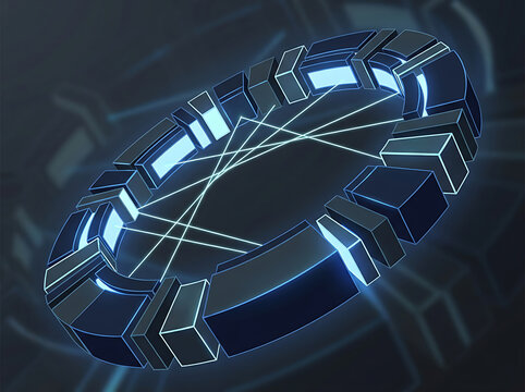 Futuristic neon technology ring portal on dark background