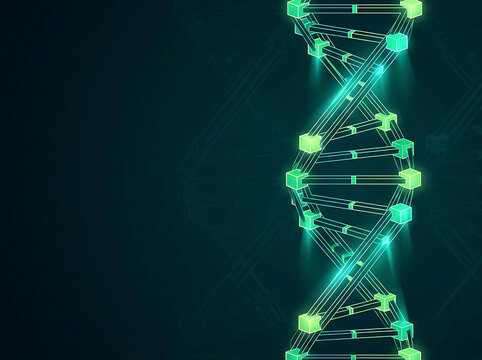 DNA helix glowing green biotechnology background with copy space