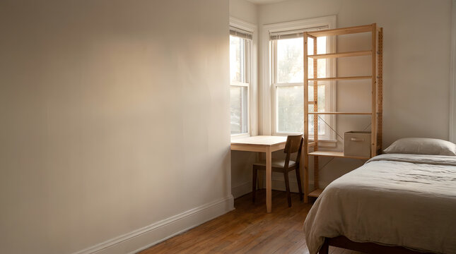 A cozy minimalist bedroom interior featuring a single bed and a small wooden desk by the window