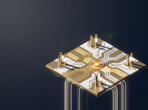 Microchip technology concept with gold isometric circuit board