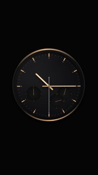 Elegant black and gold analog clock with minimalist design on dark background