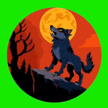Black Wolf Howling at Full Moon on Cliff, Spooky Halloween Night Illustration