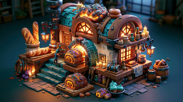 Fantasy bakery scene, 3D illustration, wooden building, multiple levels, peaked roofs, bakingpastry making objects, oversized bread loaves, pastries, bowls of dough and eggs, warm cand - AI-Generated