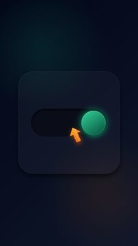 Dark toggle switch with glowing green button and orange arrow indicator