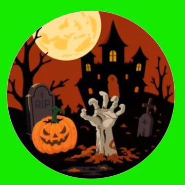 Zombie Hand Rising from Graveyard, Halloween Scene with Pumpkin and Haunted House Illustration