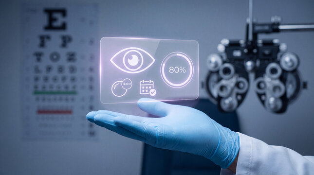 optometrist holds glowing vision test interface above eye chart to confirm prescription updated, display lens strength diagram, show appointment scheduled icon, track patient eyewear history