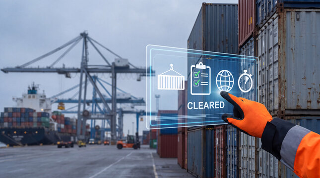 customs officer touches glowing shipment clearance interface above cargo container to confirm inspection passed, display manifest checklist icon, show origin country flag symbol, track port processing