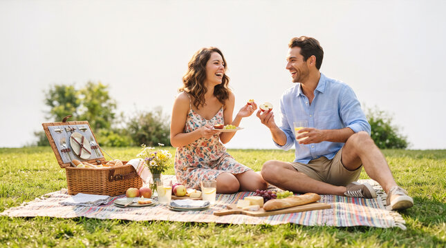Couple enjoying picnic lunch in sunny park with food and drinks