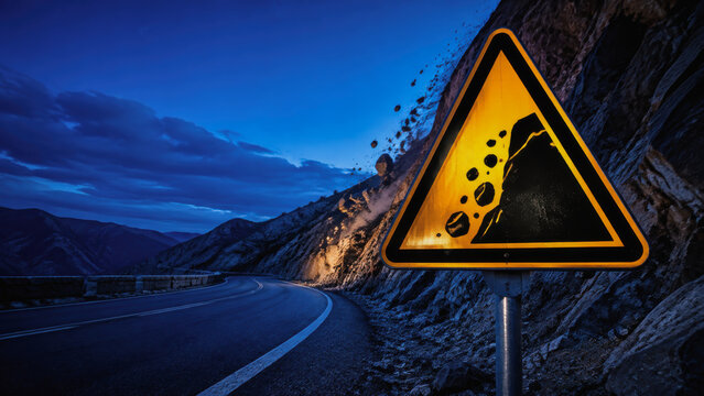 Rockfall warning sign on mountain road at night with falling rocks and dark blue sky