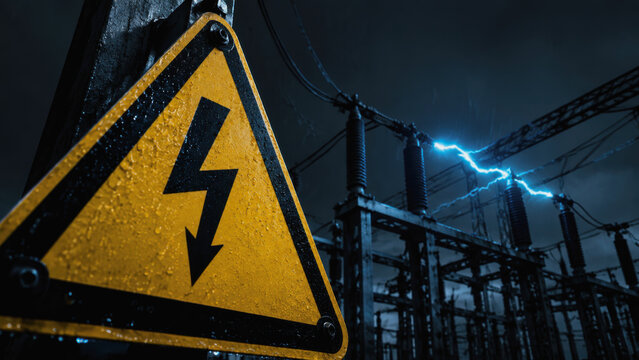 Electrical hazard sign with danger warning symbol at power substation during thunderstorm