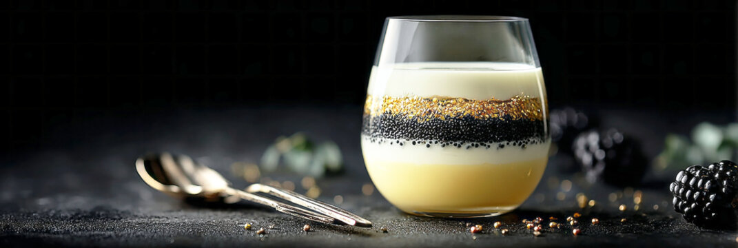 Dessert is served in a clear glass showing layers of cream and sprinkles. The setting has sparkling lights that create a festive feel. It is evening time