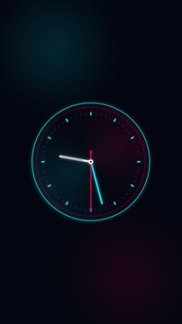 Neon glowing clock face with red and blue lights on dark background