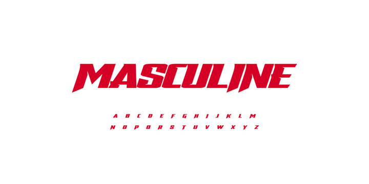 Masculine Font Action Sport Logo Alphabet Sharp Bold Italic Letter Set Red Typography, Sporty Typographic Design for Combat Title, Race Poster Headline, Speed Racing Logotype. Energy Vector Typeface