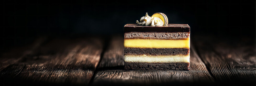 A dessert with layers of chocolate mousse sits on a dark surface. Powdered sugar dust is sprinkled around the dessert. It is well-presented for dessert lovers