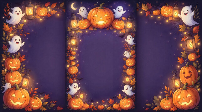 Festive halloween background border with cute ghosts glowing jack o lanterns and autumn leaves on purple texture