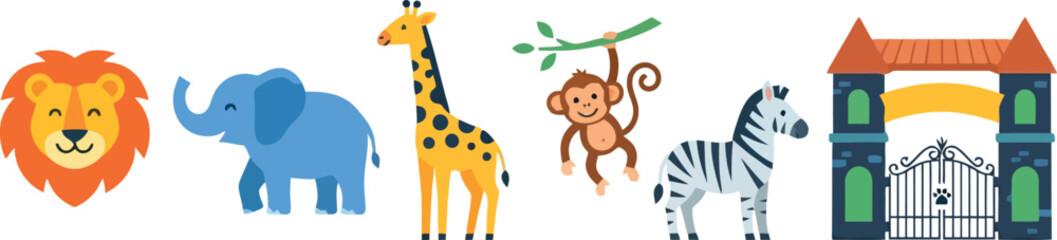 Fototapeta premium A collection of cute cartoon zoo animals including a lion elephant giraffe monkey and zebra with a zoo entrance gate.