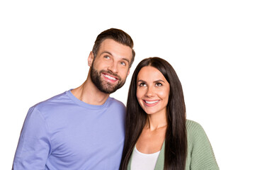 Obraz premium Photo of optimistic nice couple look empty space wear sweater isolated on beige color background