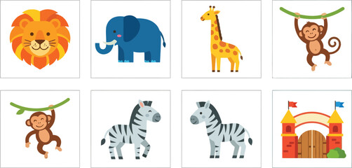 Fototapeta premium A collection of cute cartoon zoo animals including a lion elephant giraffe monkey and zebra.