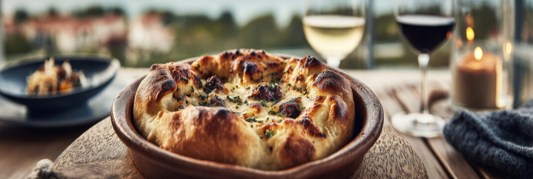 A cast-iron pot holds an open pie filled with beef and red wine topped with mashed potatoes. A glass of brown drink sits nearby on the table with a rustic setting