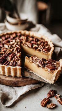 An open pie filled with dates and pecans sits on a rustic table. Some sliced pieces are visible, and the light highlights the textures of the pie crust and filling
