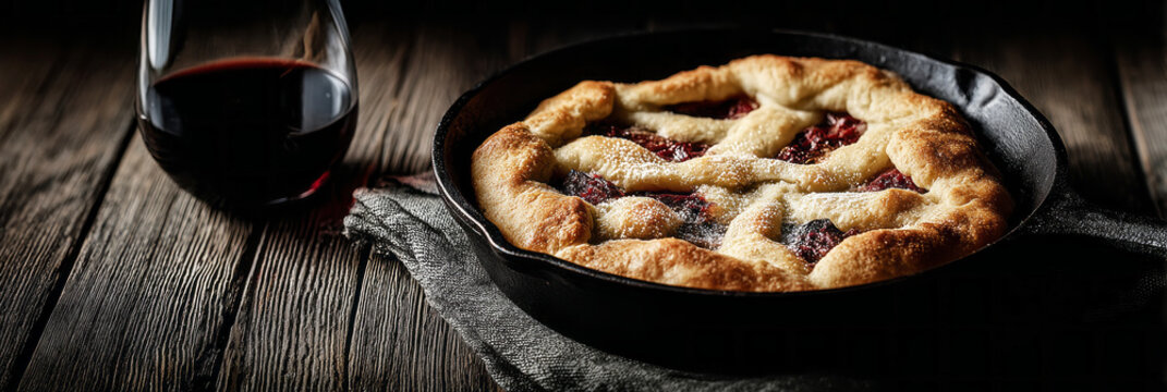 A dish of open pie is placed in a cast-iron pot. The pie consists of beef, red wine, and mashed potatoes. The setting is a rustic wooden table with natural light shining