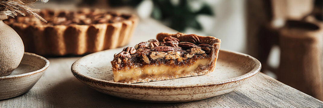 An open pie filled with dates and pecans sits on a rustic table. Some sliced pieces are visible, and the light highlights the textures of the pie crust and filling