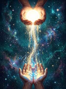 Hands cradling a cascade of shimmering stardust in a vast cosmic universe