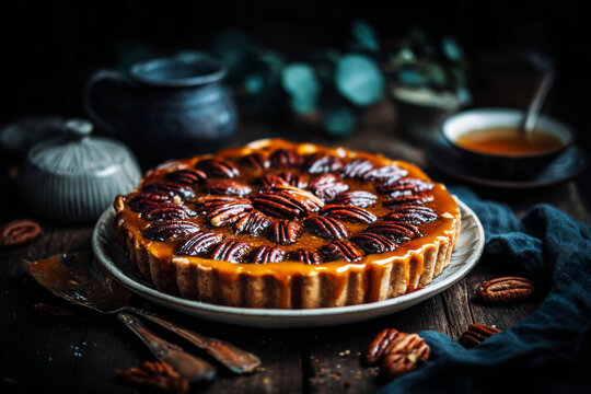 Open pie filled with dates and pecans is placed on a rustic wooden table. The background shows dark colors and simple kitchen items, enhancing the focus on the pie