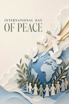 Peaceful Earth Globe Surrounded by Doves and People Holding Hands
