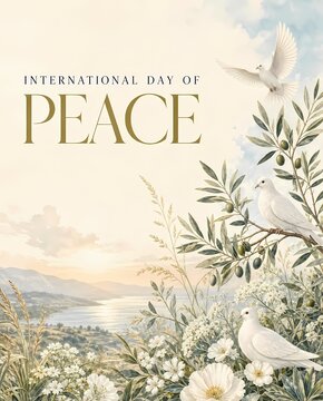White Dove and Olive Branch Over a Peaceful Floral Landscape