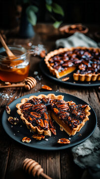 Open pie filled with dates and pecans is placed on a rustic wooden table. The background shows dark colors and simple kitchen items, enhancing the focus on the pie
