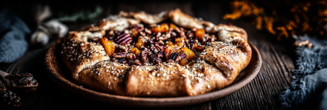 Open pie filled with dates and pecans is placed on a rustic wooden table. The background shows dark colors and simple kitchen items, enhancing the focus on the pie
