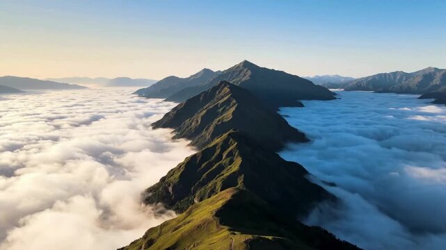 Breathtaking aerial view of a sharp mountain ridge cutting through a thick sea of clouds at sunrise