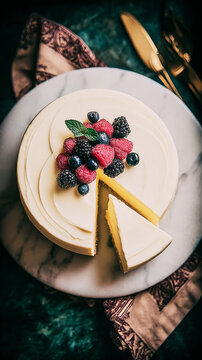A slice of pie filled with mixed seasonal berries sits on a vintage plate with a fork nearby. The pie rests on a wooden surface, suggesting a cozy atmosphere