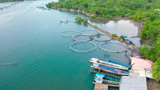 Fish farm with cages for fish and shrimp in the Philippines, Luzon. Aerial view of fish ponds for bangus, milkfish. Fish cage for tilapia, milkfish farming aquaculture or pisciculture practices.