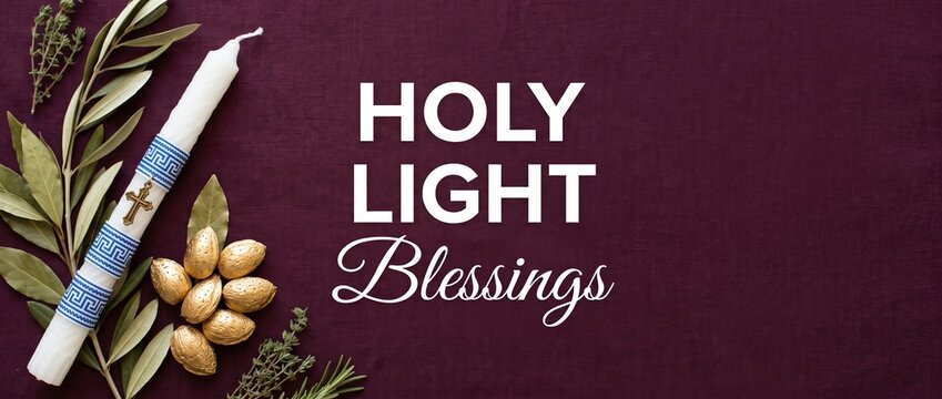 Orthodox Easter Candle Baptism Decoration with Golden Almonds, Olive Leaves, and Greek Cross on Burgundy Linen Background for Christian Holy Light Blessings Celebration Banner Design Concept.