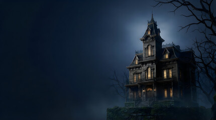 Obraz premium An eerie victorian mansion stands on a hill under a full moon with dark fog and spooky trees