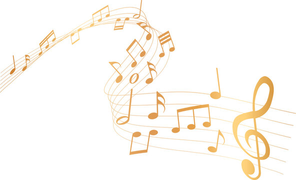 Abstract gold music notes and clef on wavy pentagram lines for musical stave composition and creative sound design	

