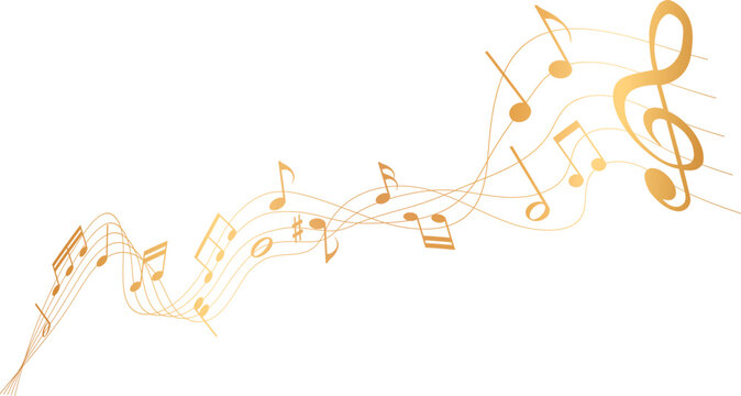 Abstract gold music notes and clef on wavy pentagram lines for musical stave composition and creative sound design	
