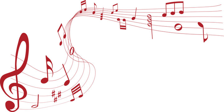 Abstract red colored music notes and clef on wavy pentagram lines for musical stave composition and creative sound design	
